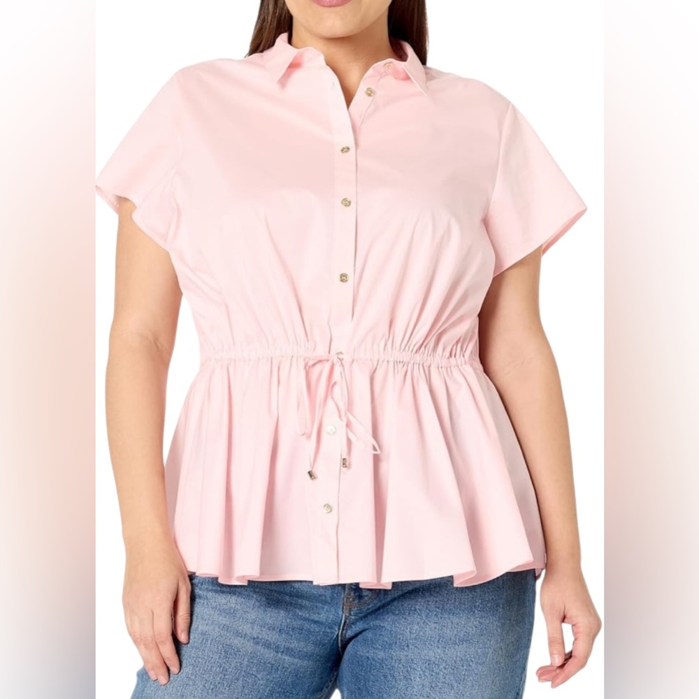 TOMMY HILFIGER BUTTON DOWN BLOUSE WOMENS DRAWSTRING SHORT SLEEVE PINK COLOR 2X